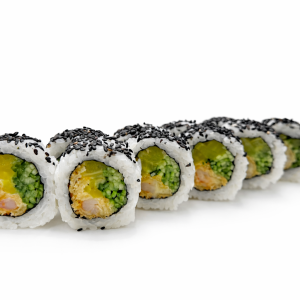 California krewetka 10 szt. ( Nori, ryż, sos sweet majo, krewetki, ogórek, rzodkiewka, sezam) Cena: 49 zł.