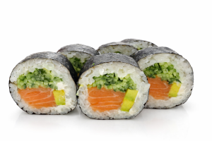 Futomaki łosoś 6 szt. ( Nori, ryż, łosoś, awokado, ogórek, serek) Cena: 35 zł.